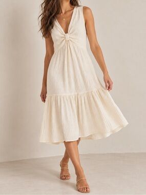 Calvin Klein Cream Gauze Knot Front Tiered Midi Dress Size 4 NWT